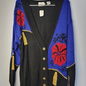 Leslie Fay Blue and Black Color Block Cardigan with Gold Accents